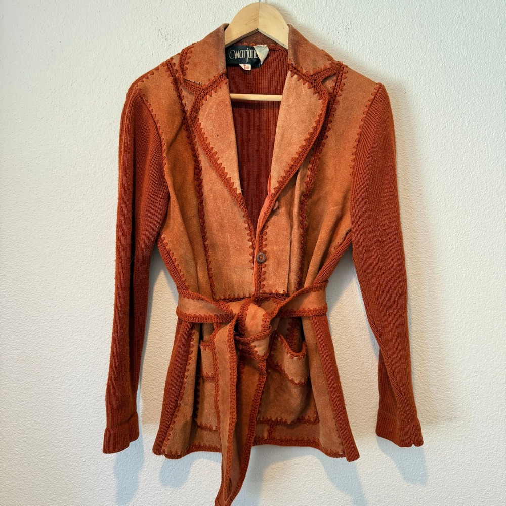 Vintage 1970s Marjone Terracotta Suede Knit Whipstitch Belted Cardigan Jacket